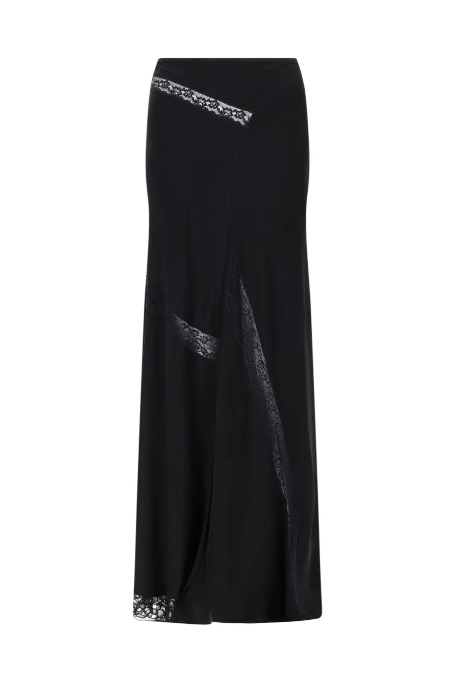 Msgm women’s black satin maxi skirt with delicate silver lace trim along the waistband and hem