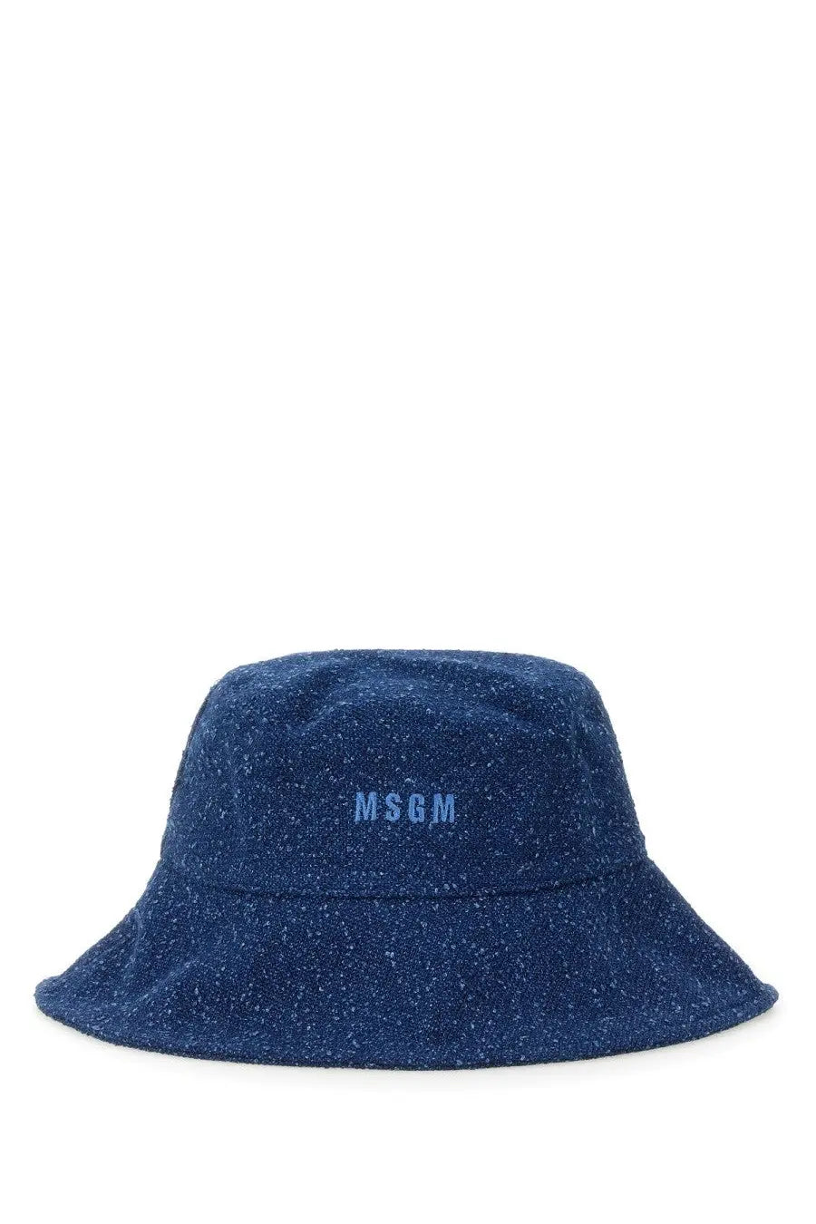 Navy blue speckled MSGM women’s bucket hat with subtle light blue embroidered logo for casual wear