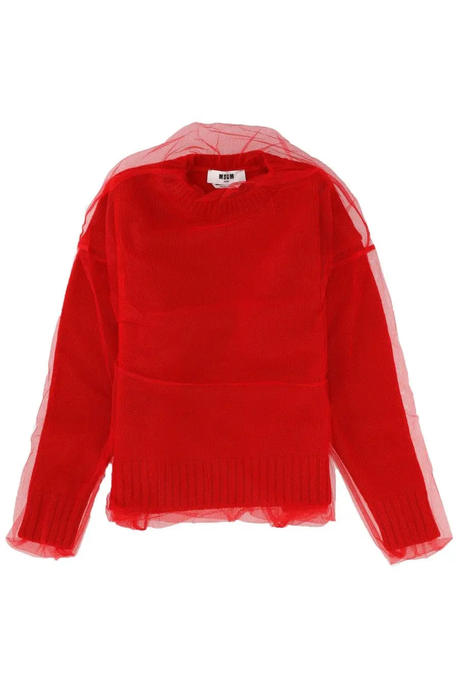 Red msgm women’s merino wool sweater with sheer tulle overlay and ribbed knit details front view