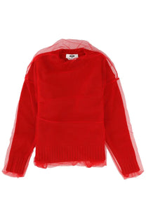 Red msgm women’s merino wool sweater with sheer tulle overlay and ribbed knit details front view