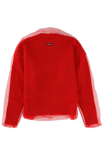 Red MSGM women’s merino wool sweater with sheer tulle overlay on shoulders and sleeves