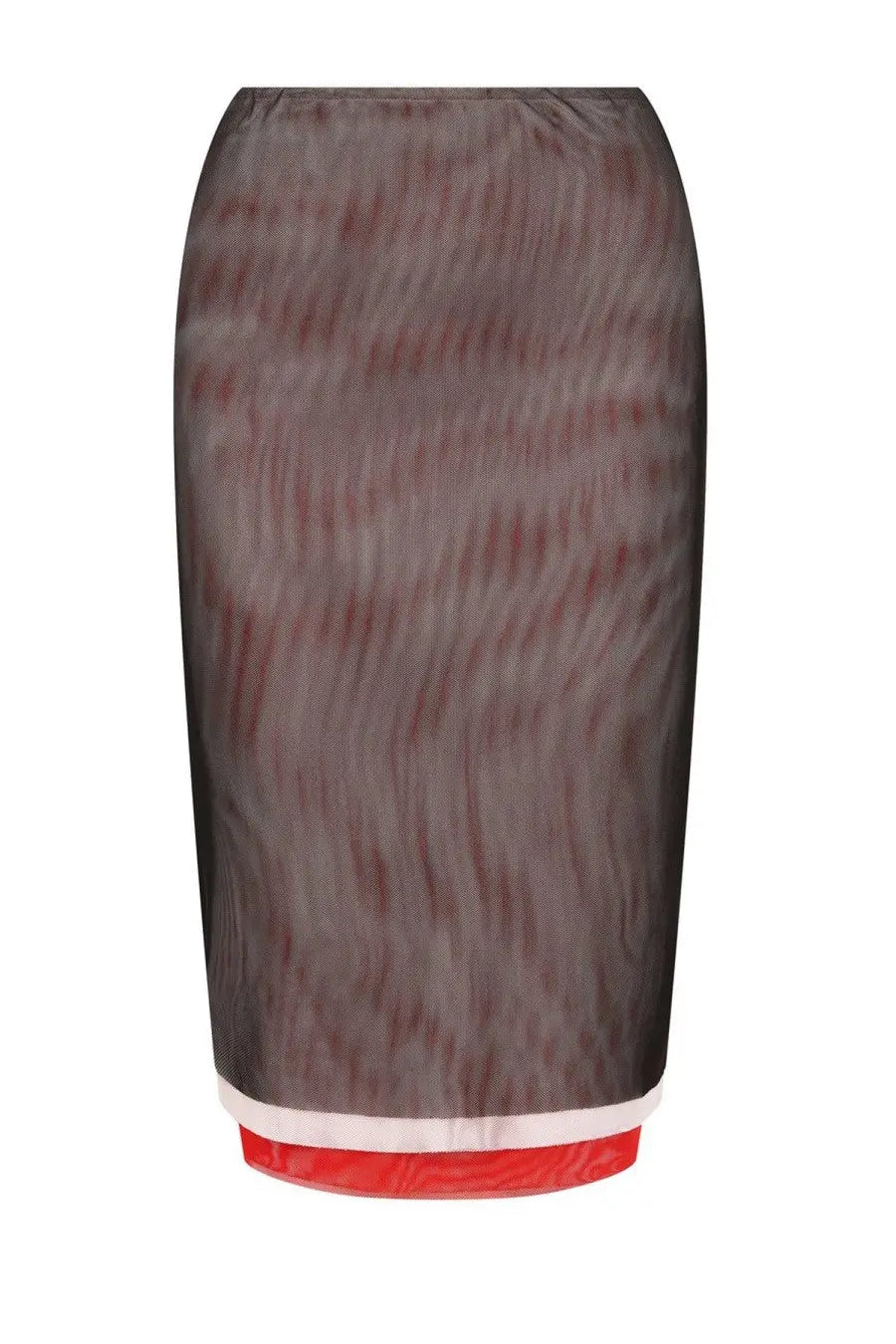 Msgm women’s midi pencil skirt in dark gray fabric with reddish brown stripes and white red trim at the hem