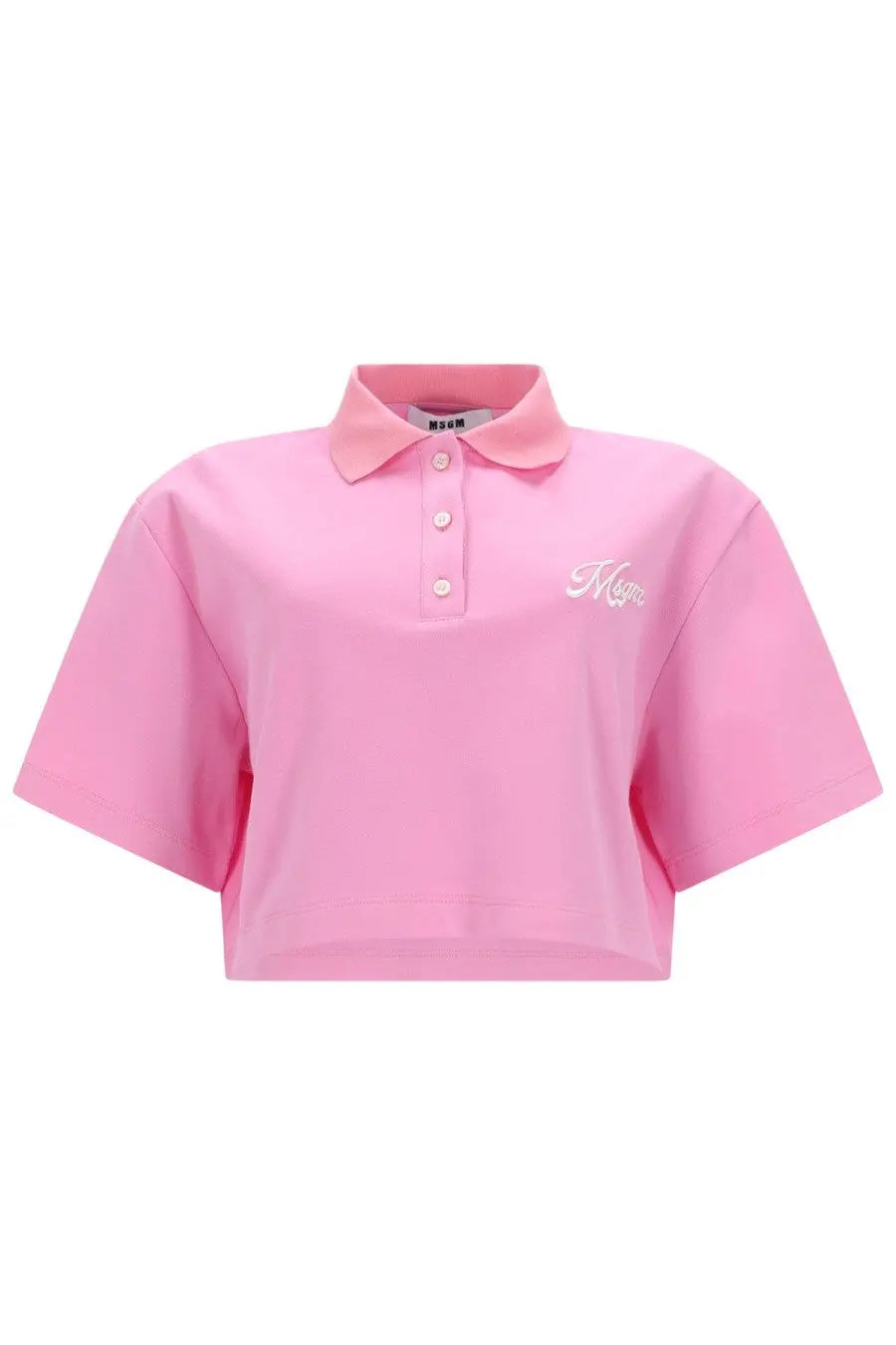 Msgm women’s pink cropped polo shirt with white embroidered logo on chest and matching collar in con blue style