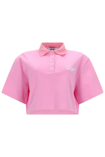 Msgm women’s pink cropped polo shirt with white embroidered logo on chest and matching collar in con blue style