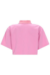 Msgm women’s polo crop con blue vibrant pink cropped shirt with short sleeves and matching collar in smooth fabric