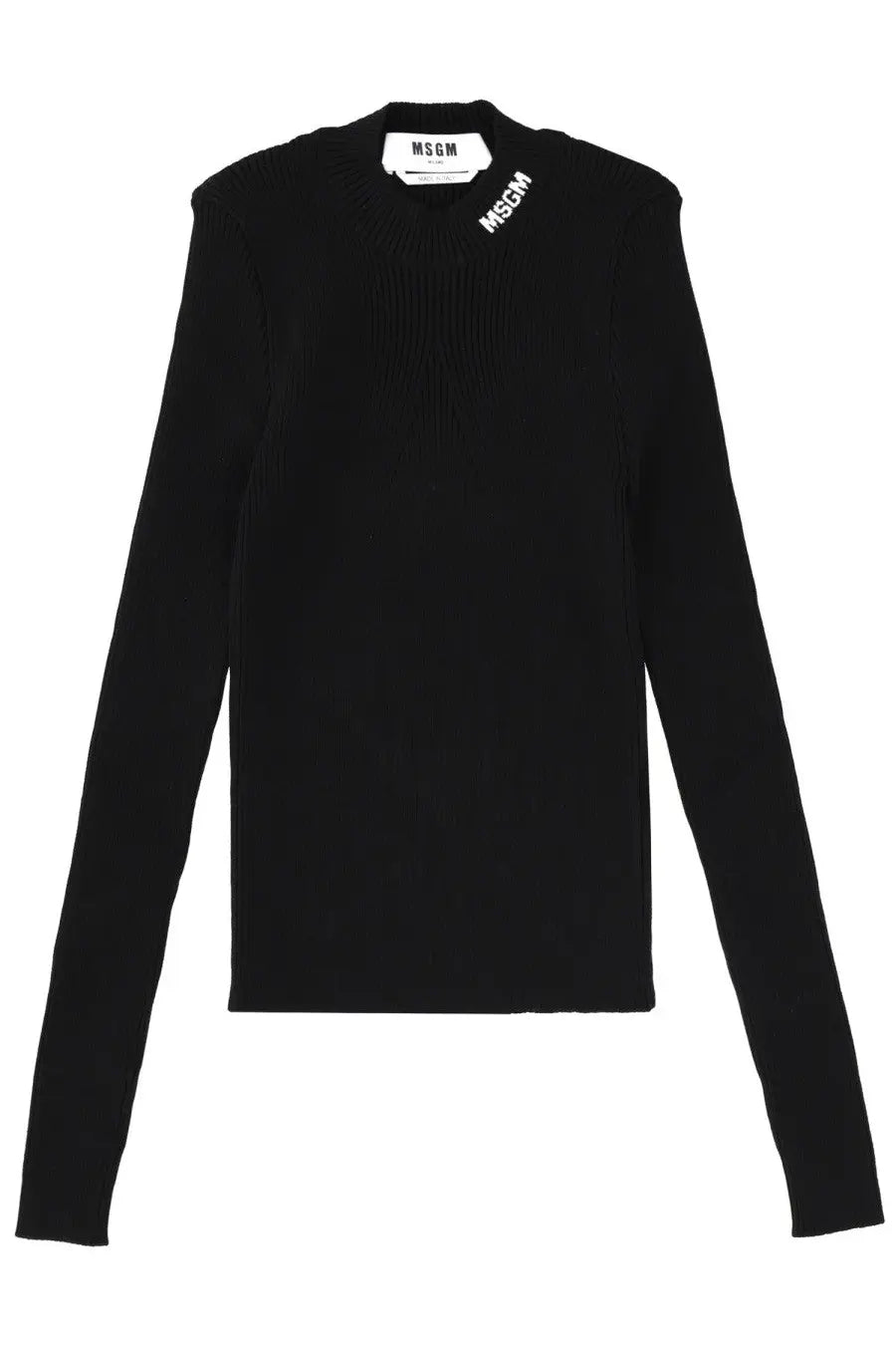 Black ribbed knit sweater with msgm branding on collar and shoulder for women