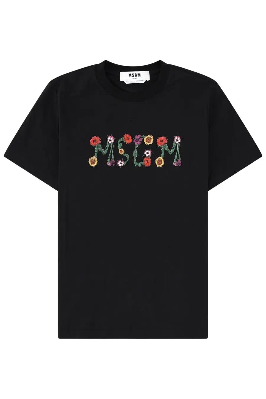Black MSGM women’s t-shirt featuring colorful floral appliqué embroidery on the front with brand name design