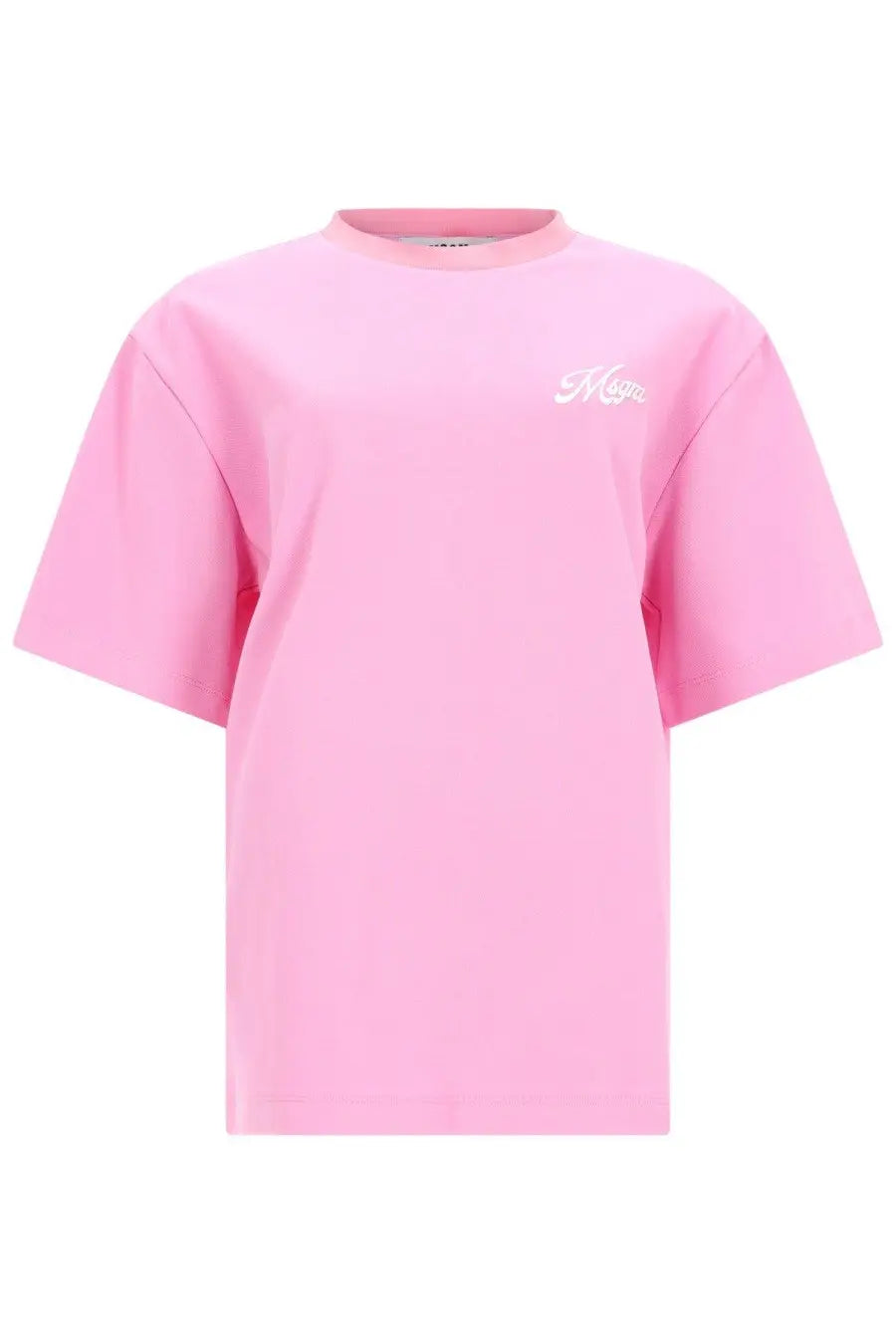 Msgm women’s soft pink oversized crewneck t-shirt with subtle white cursive logo on left chest