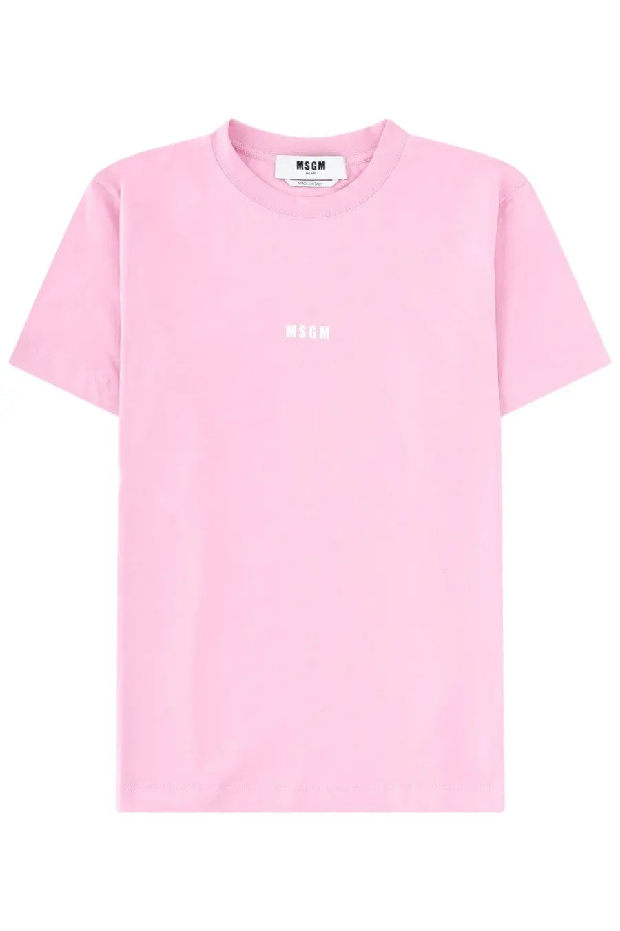 A soft pink msgm women’s t-shirt with minimalist white embroidered logo and matching brand tag at the neckline
