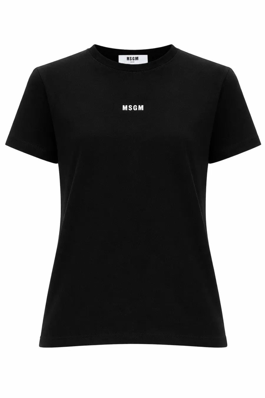 Black msgm women’s t-shirt con micro with minimalist white logo on chest and matching brand tag at neckline