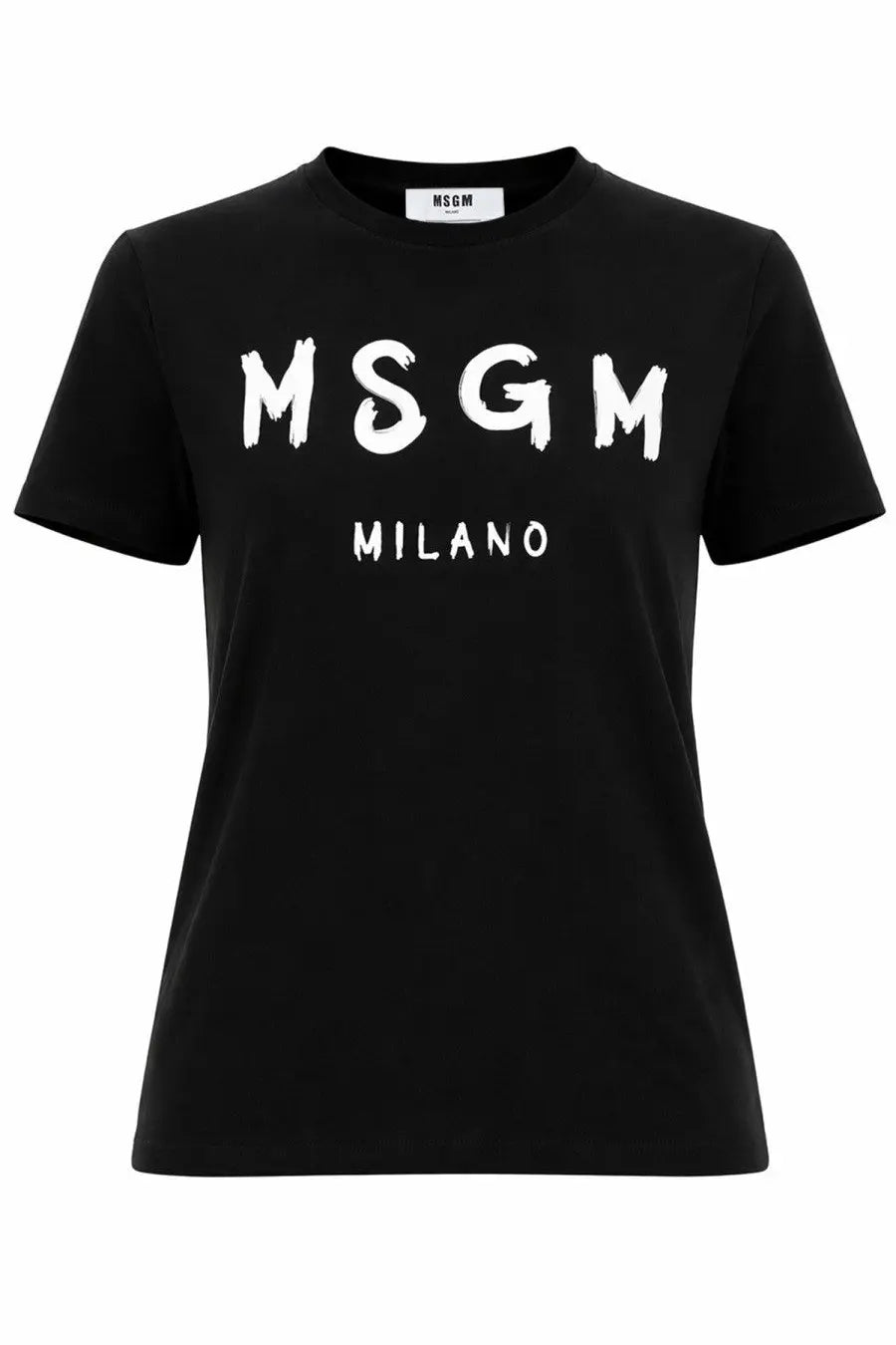Msgm women’s black cotton t-shirt with bold white brushstroke lettering across the chest for casual wear
