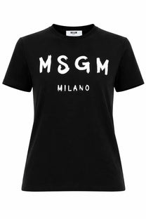 Msgm women’s black cotton t-shirt with bold white brushstroke lettering across the chest for casual wear