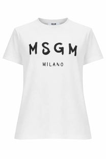 White MSGM women’s shirt with bold black brushstroke lettering across the chest in lightweight cotton fabric