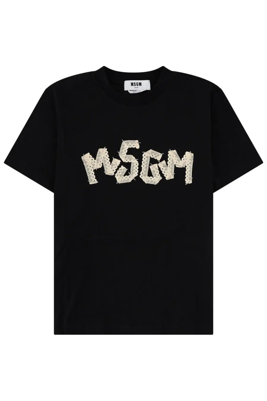 Black msgm women’s t-shirt with bold textured white logo and lace embroidery detail on the front