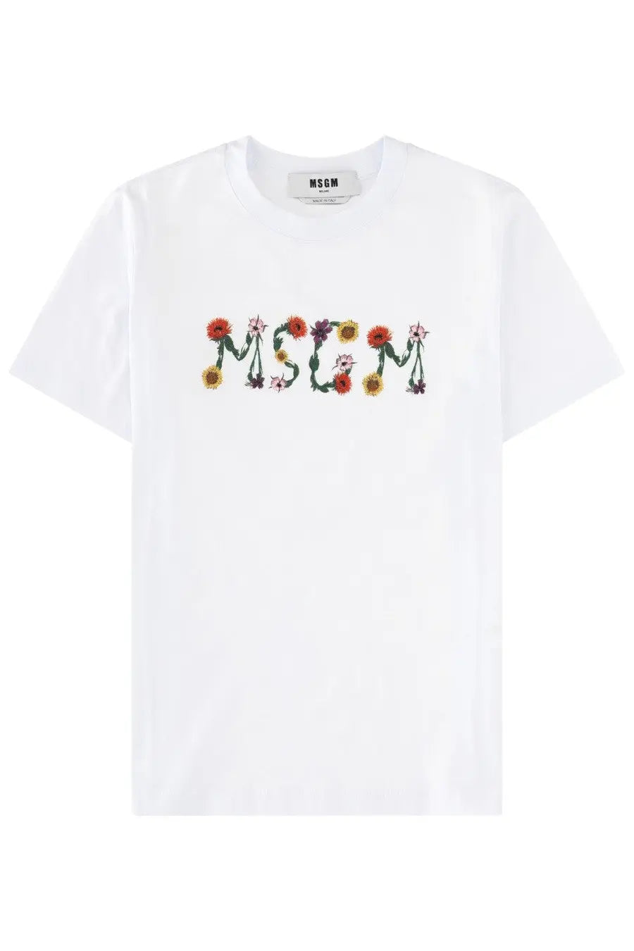 White MSGM women’s t-shirt with colorful embroidered floral logo in shades of orange red purple and green