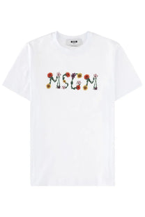 White MSGM women’s t-shirt with colorful embroidered floral logo in shades of orange red purple and green