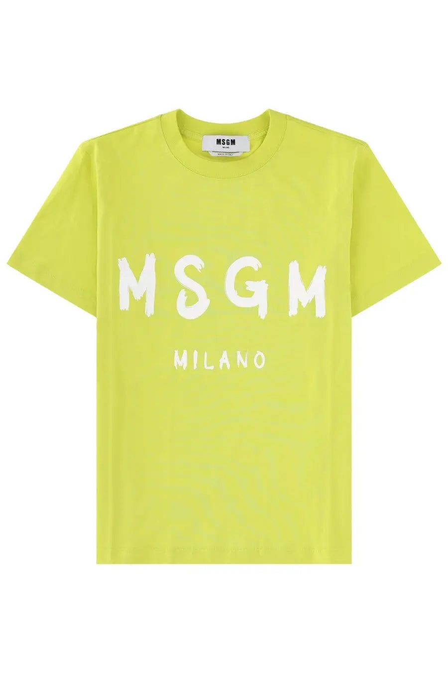 A bright neon yellow msgm women’s t-shirt with a bold white brushstroke logo across the chest