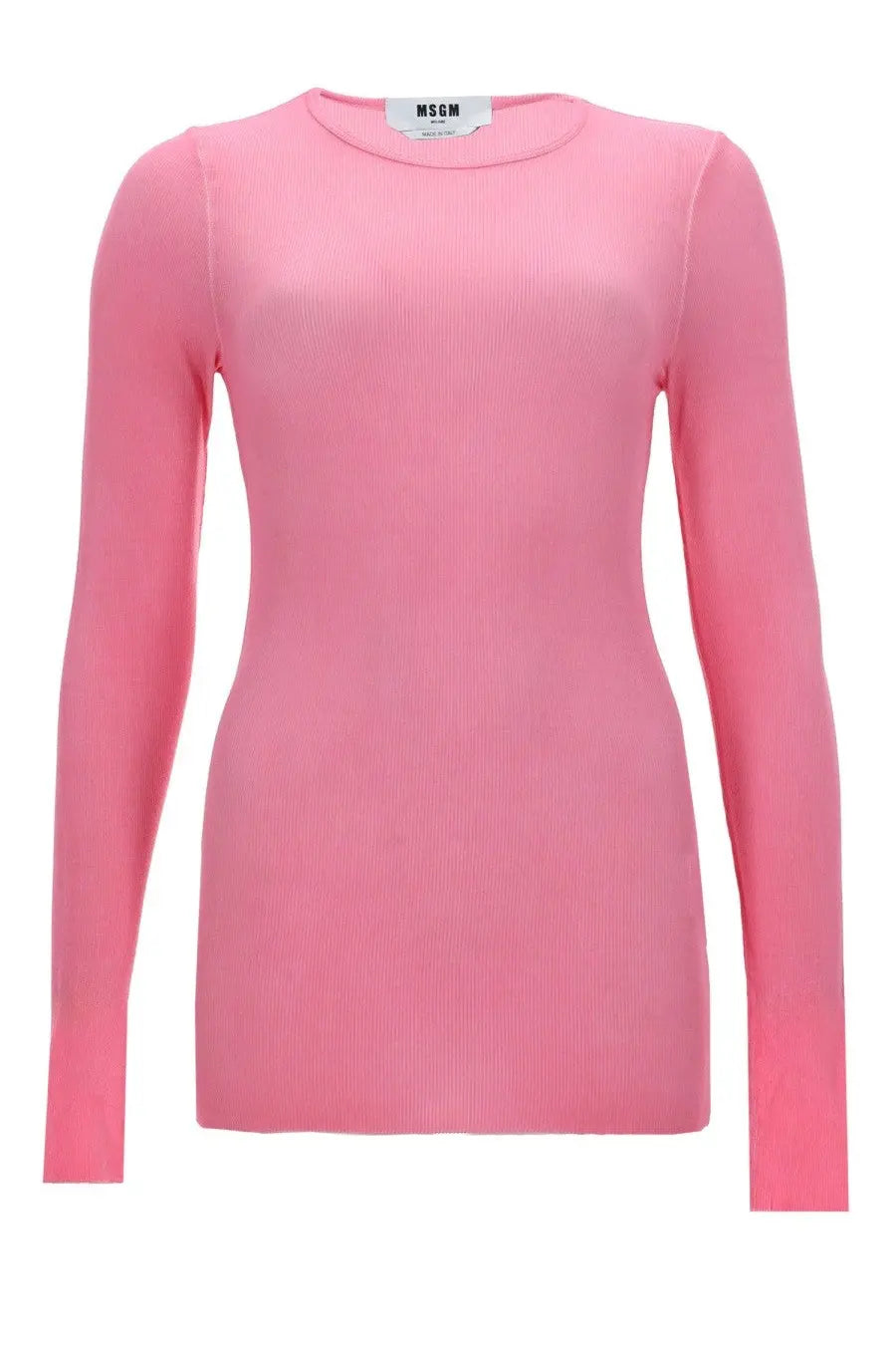Msgm women’s soft pink ribbed long sleeve shirt in viscosa with round neckline and brand label at the collar