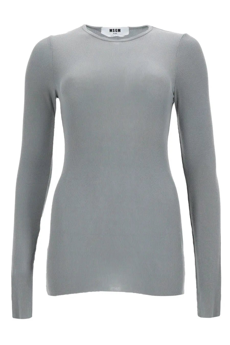 Msgm women’s shirt in viscosa grey featuring a sleek light gray ribbed knit long sleeve top with round neckline and shoulder seams
