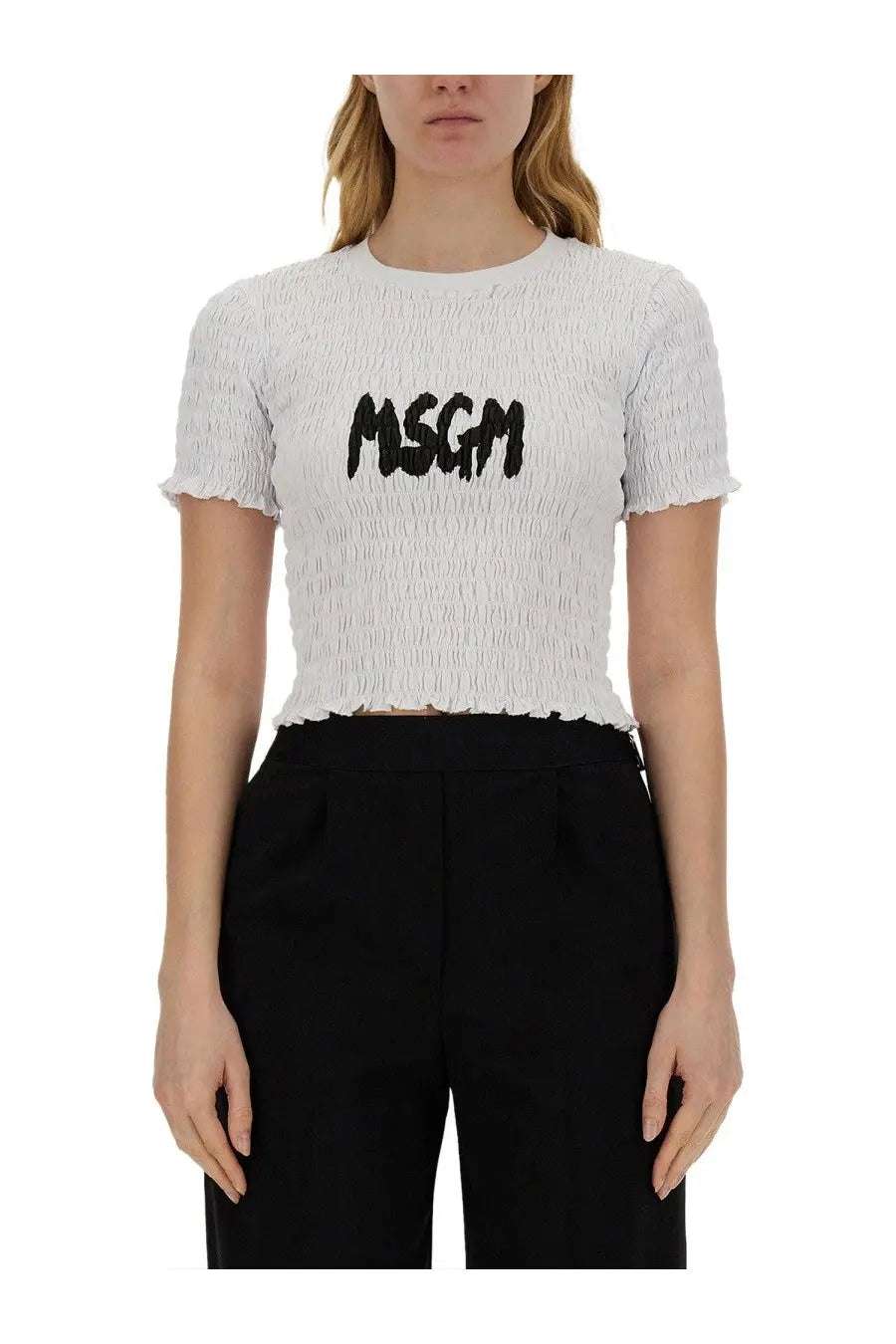 White textured cropped shirt with black msgm logo embroidery for women in a casual style