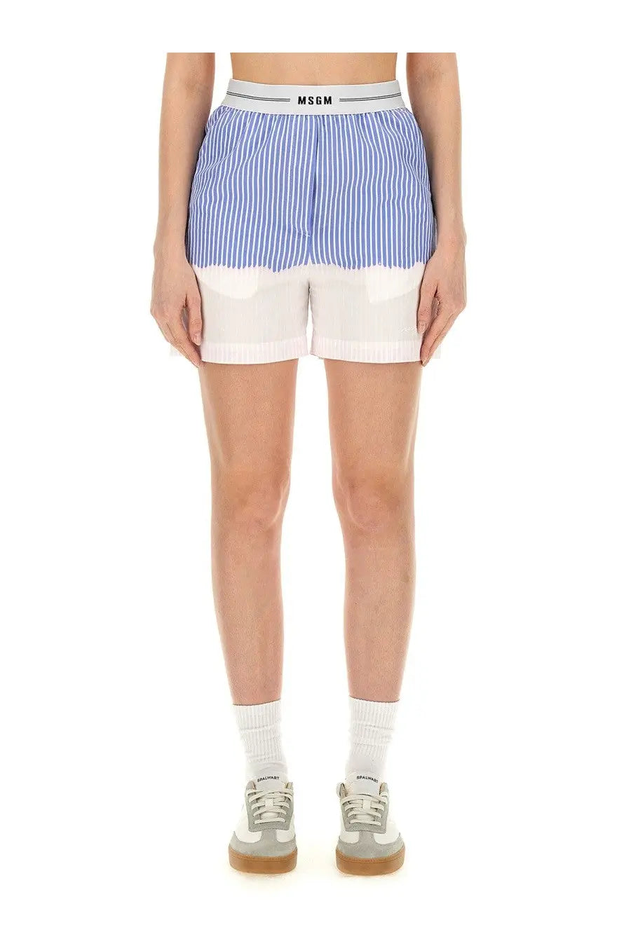 Msgm women’s blue shorts with white stripes and a solid white lower section for casual summer wear