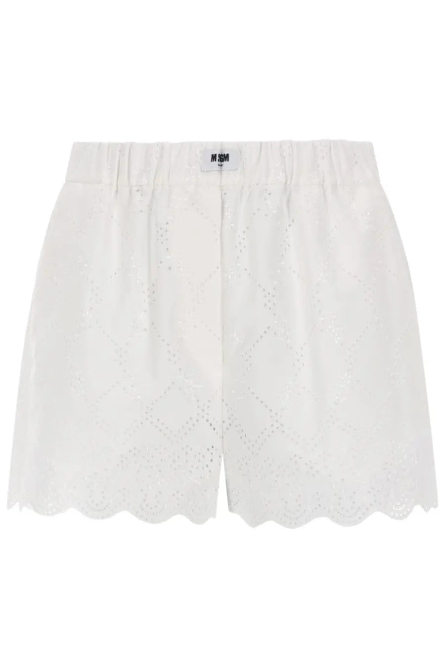 Msgm women’s white embroidered shorts with scalloped hem and elastic waistband in con motivo traforato design