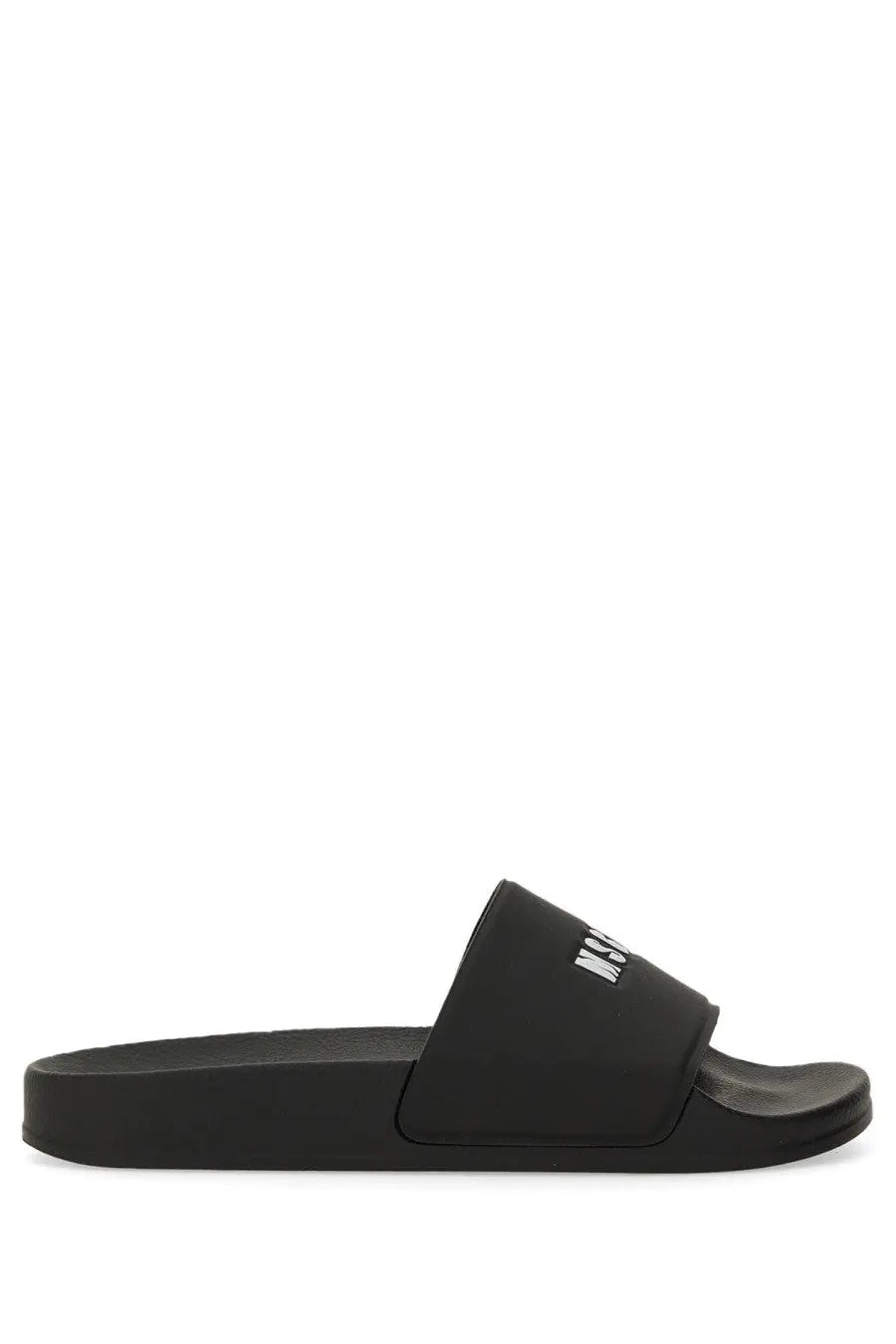 Msgm women’s black rubber slide sandal with white embroidered logo on the strap