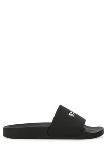 Msgm women’s black rubber slide sandal with white embroidered logo on the strap