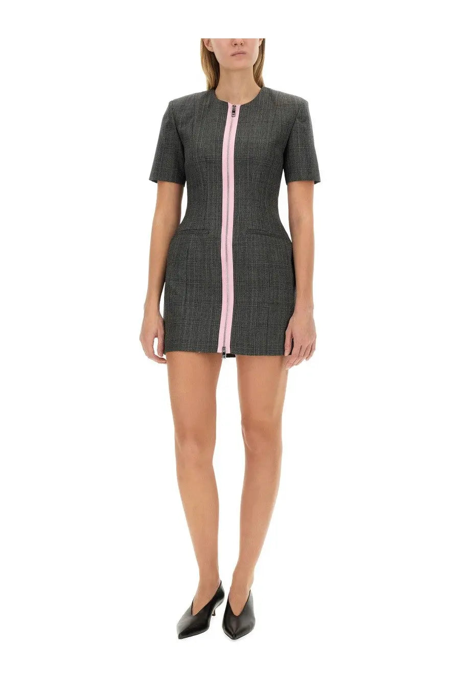 Msgm women’s wool dress grey featuring a sleek black and white checkered pattern with a bold pink front zipper