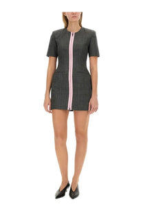 Msgm women’s wool dress grey featuring a sleek black and white checkered pattern with a bold pink front zipper