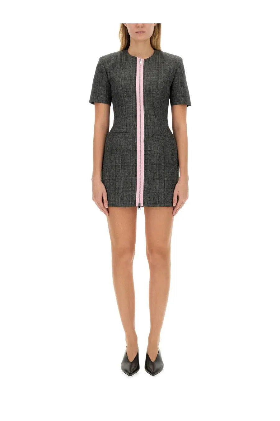A sleek black and white checkered wool mini dress with a bold pink zipper front by MSGM women’s grey collection