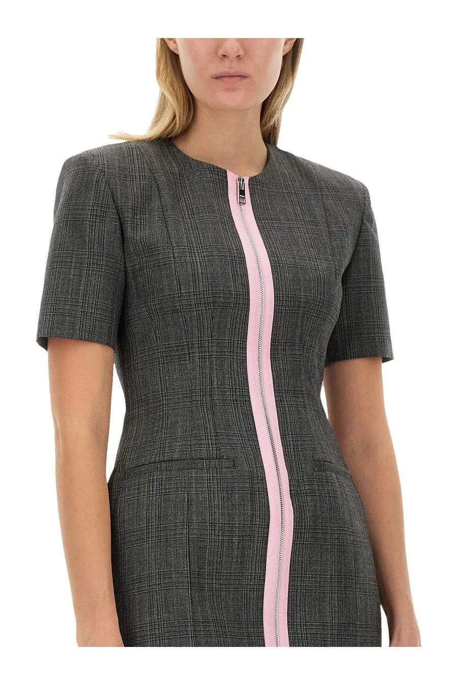 Msgm women’s grey wool dress with sleek plaid pattern and bold pink zipper down the front