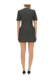 Msgm women’s wool dress grey tailored short-sleeved mini dress in dark gray and black plaid with structured waist pleats