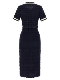 self-portrait Navy Pointelle Knit Midi Dress Blue