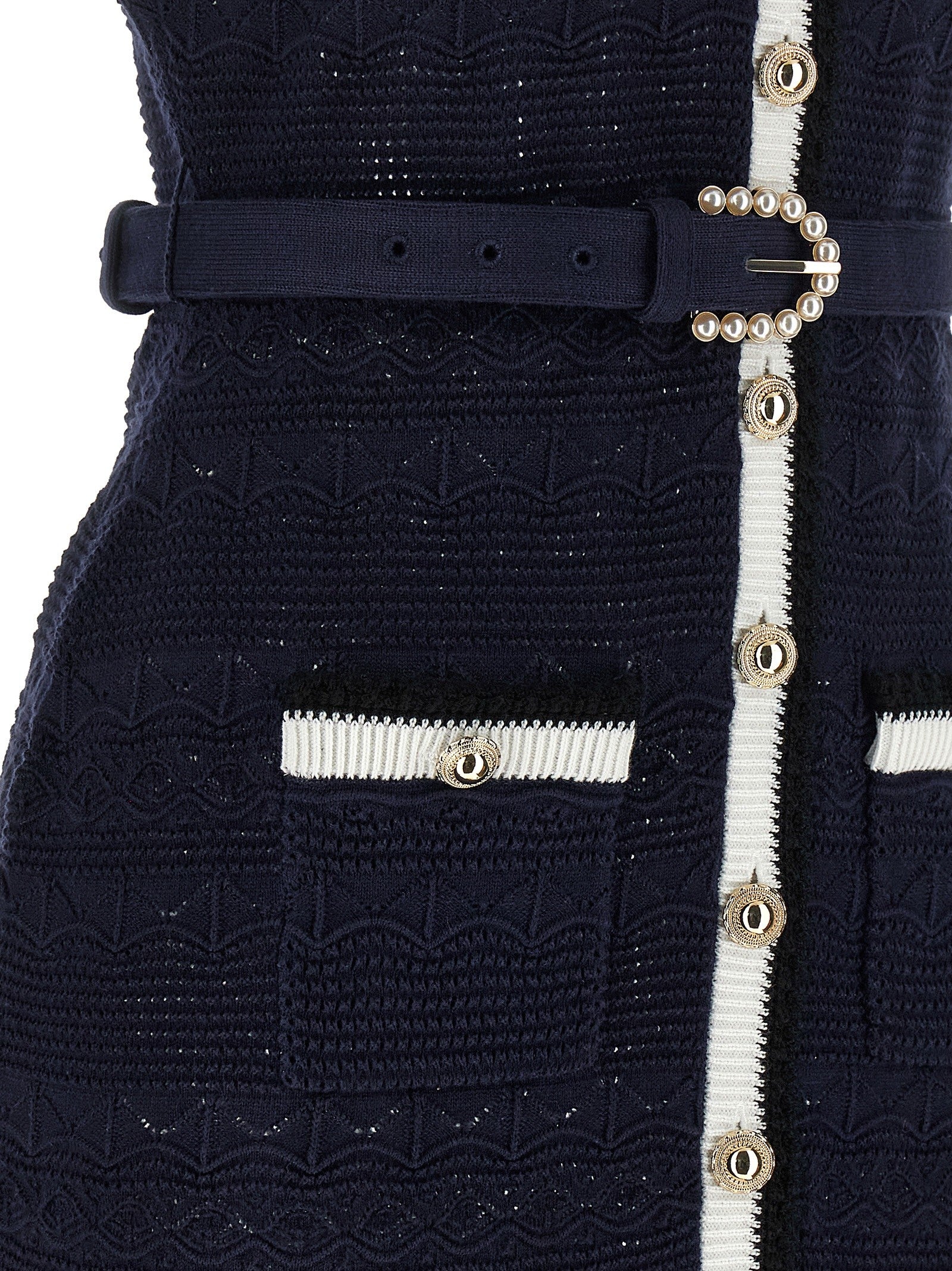 self-portrait Navy Pointelle Knit Midi Dress Blue