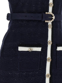 self-portrait Navy Pointelle Knit Midi Dress Blue