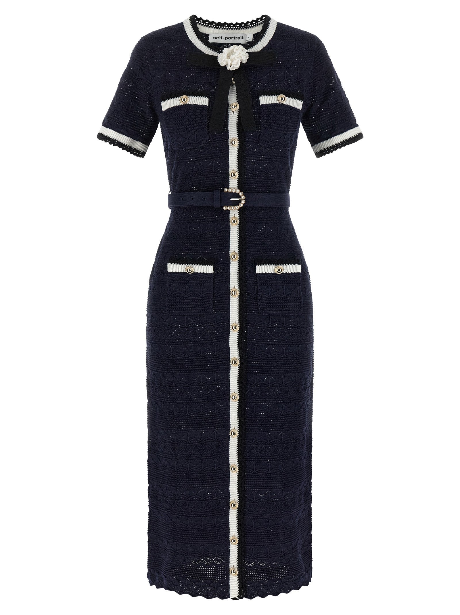 self-portrait Navy Pointelle Knit Midi Dress Blue