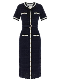 self-portrait Navy Pointelle Knit Midi Dress Blue