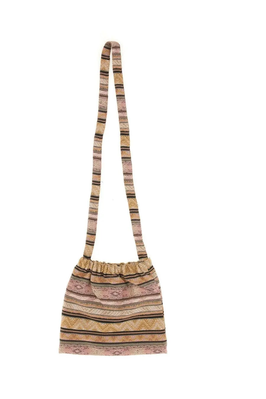 Needles men’s canvas bag in blue with a woven striped drawstring design in beige pink and brown tones