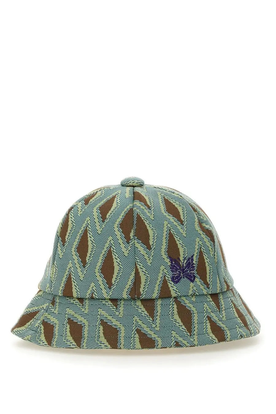 Needles men’s blue bucket hat with teal and brown geometric pattern and small purple butterfly emblem on the front
