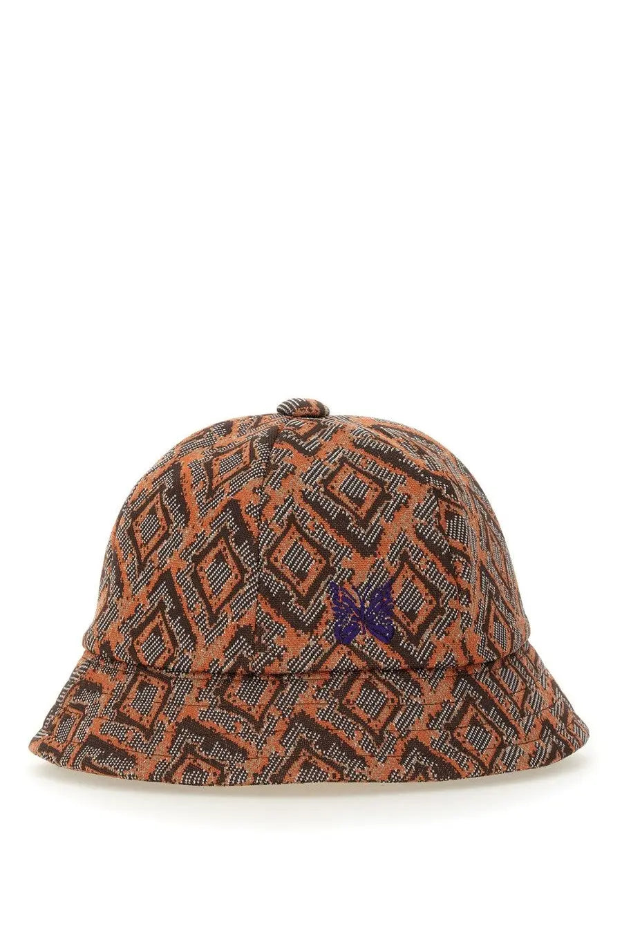 Needles men’s bucket hat in orange with brown geometric pattern and purple embroidered logo on front
