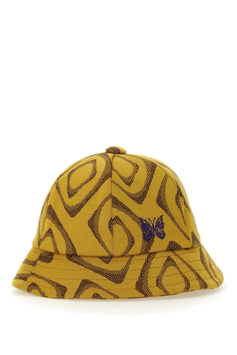 Needles men’s yellow bucket hat with brown geometric pattern and purple butterfly embroidery on the front