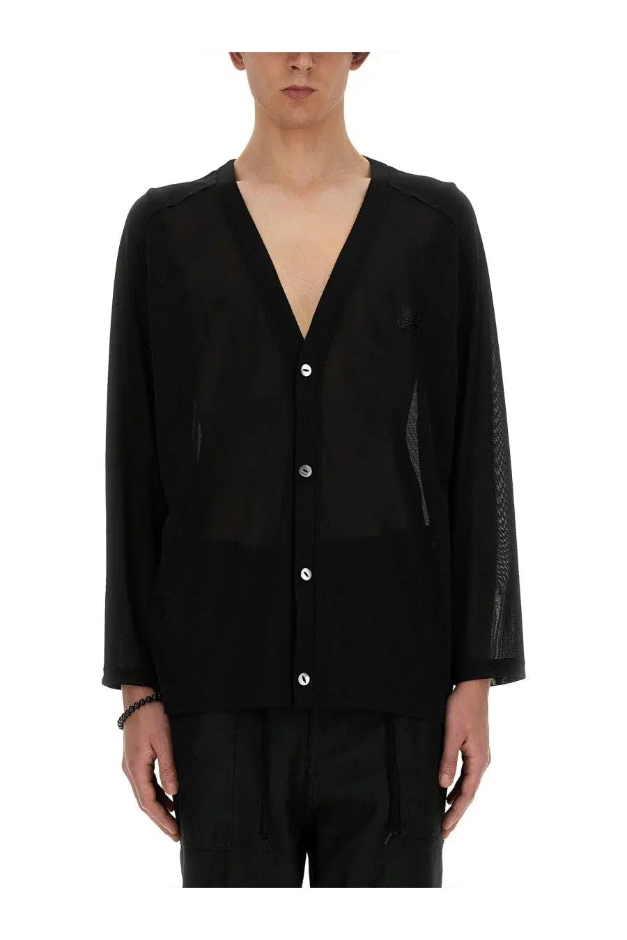 Black sheer needles men’s poly mesh cardigan with silver buttons and mesh panel detailing on the sleeves