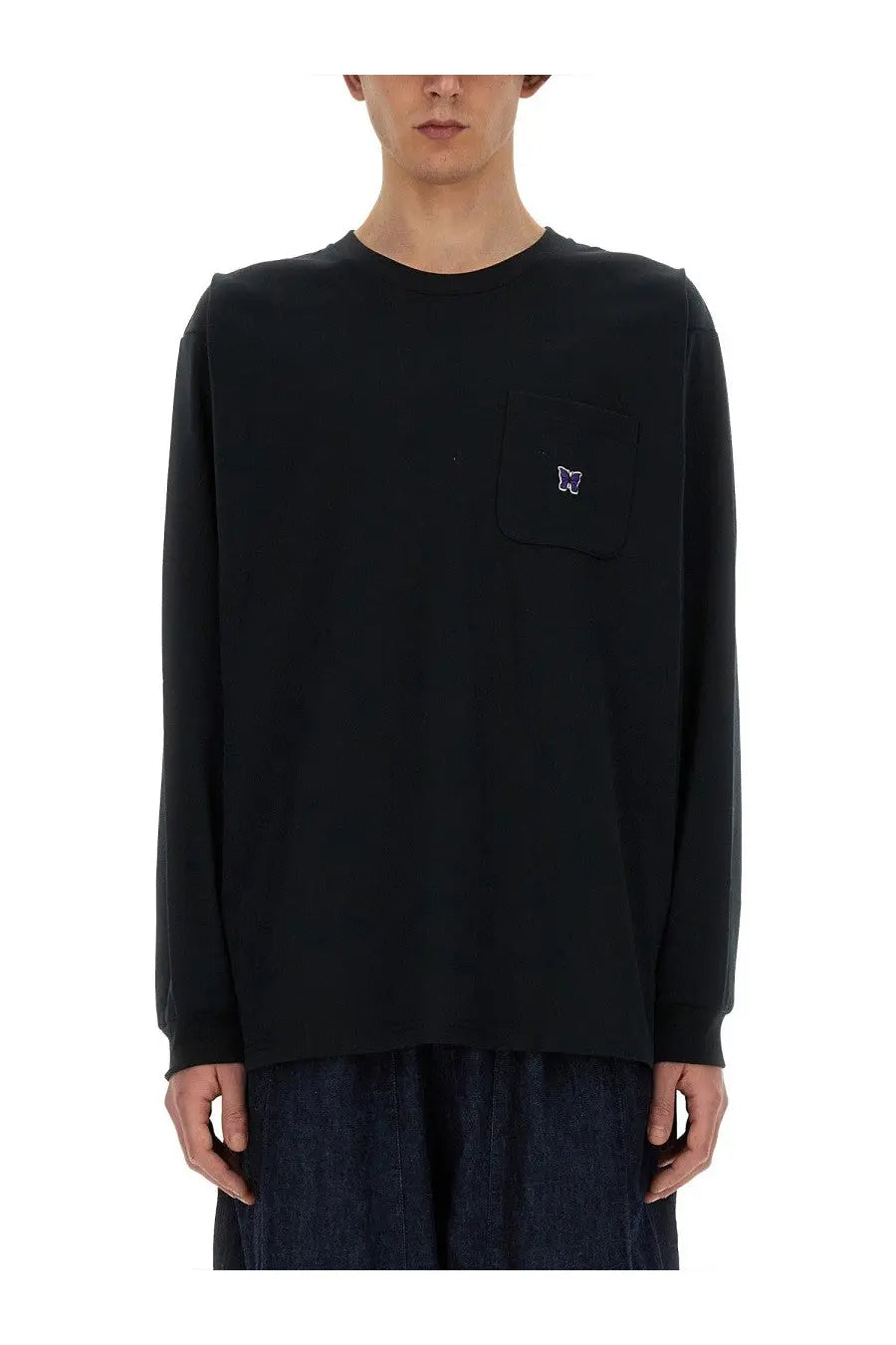 Needles men’s black long-sleeved crewneck tee with small embroidered butterfly logo on left chest pocket