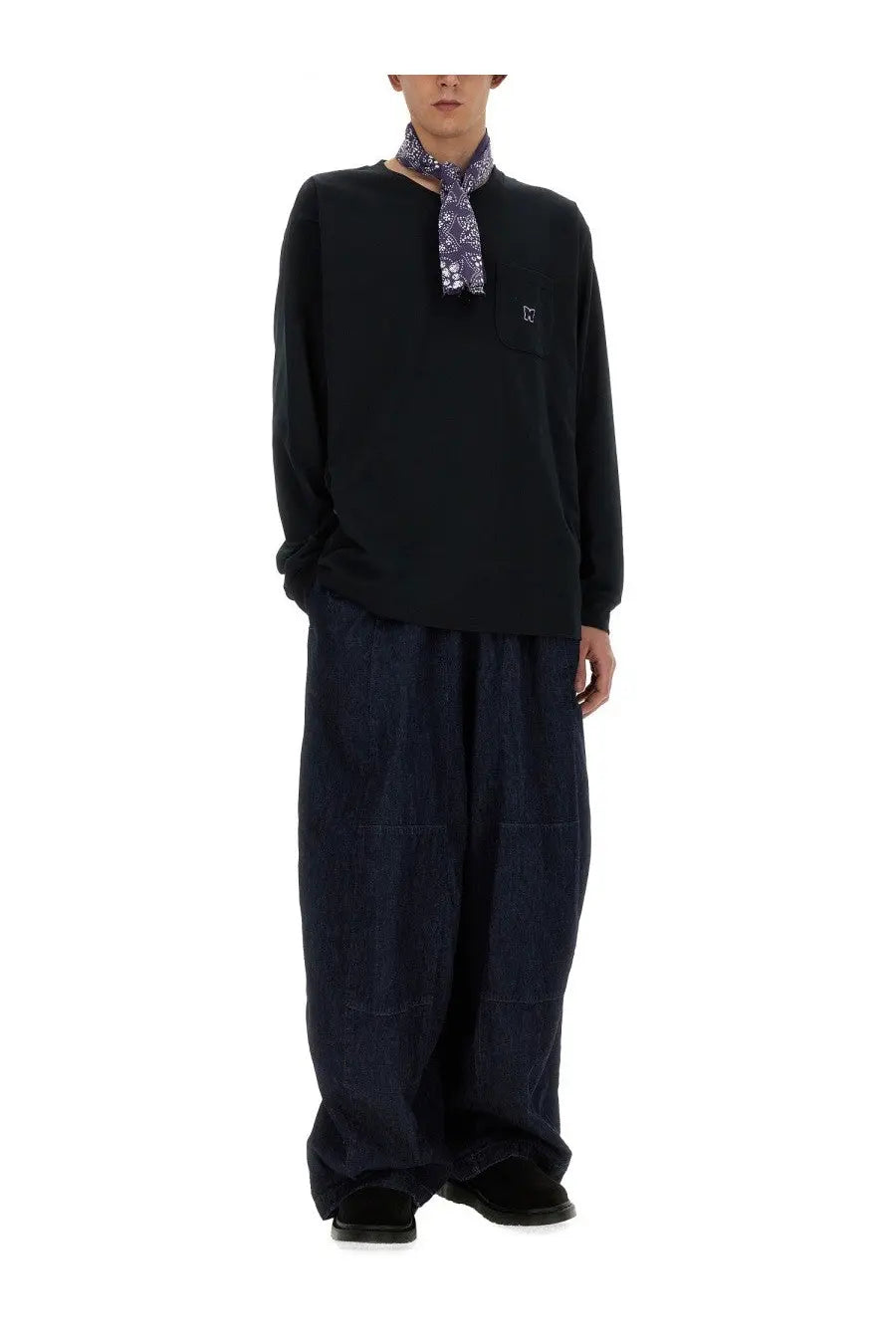 Needles men’s black long-sleeved knit top with small embroidered logo and patterned scarf tied at the neck