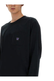 Needles men’s black long-sleeved cotton shirt with a small embroidered purple butterfly on the chest pocket