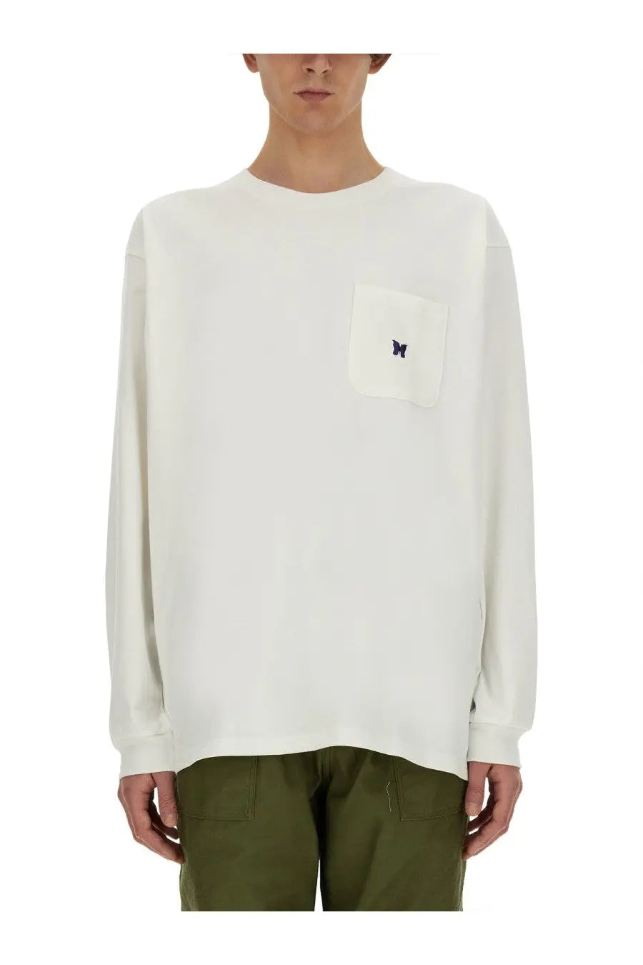 Needles men’s white long-sleeved crewneck sweatshirt with small chest pocket and embroidered butterfly logo