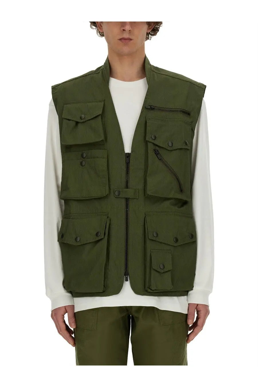Olive green needles men’s utility vest with multiple pockets and black zipper accents for versatile wear