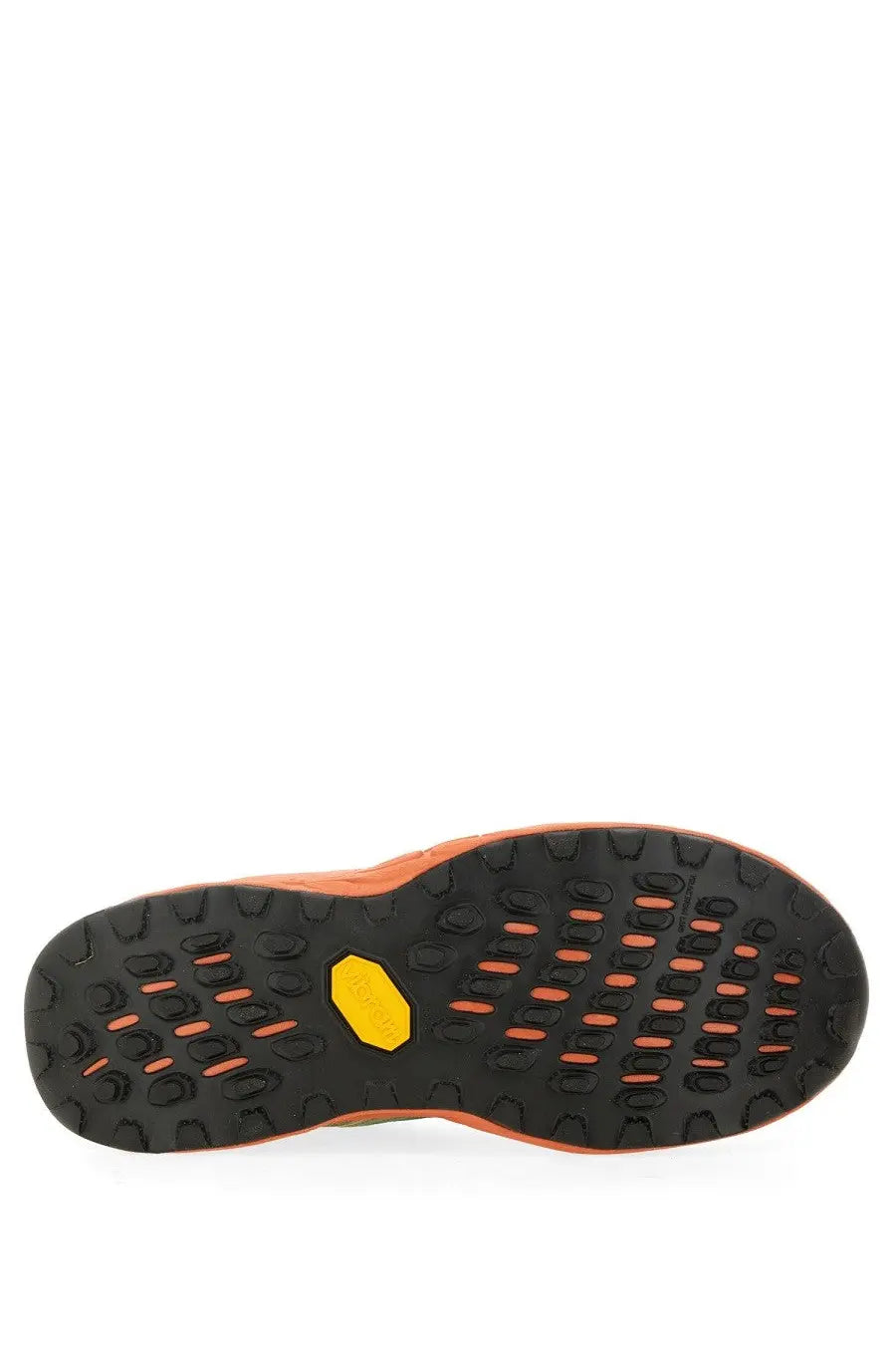 New Balance men’s Hierro sneaker multicolor featuring a black and orange vibram sole with yellow hexagonal logo