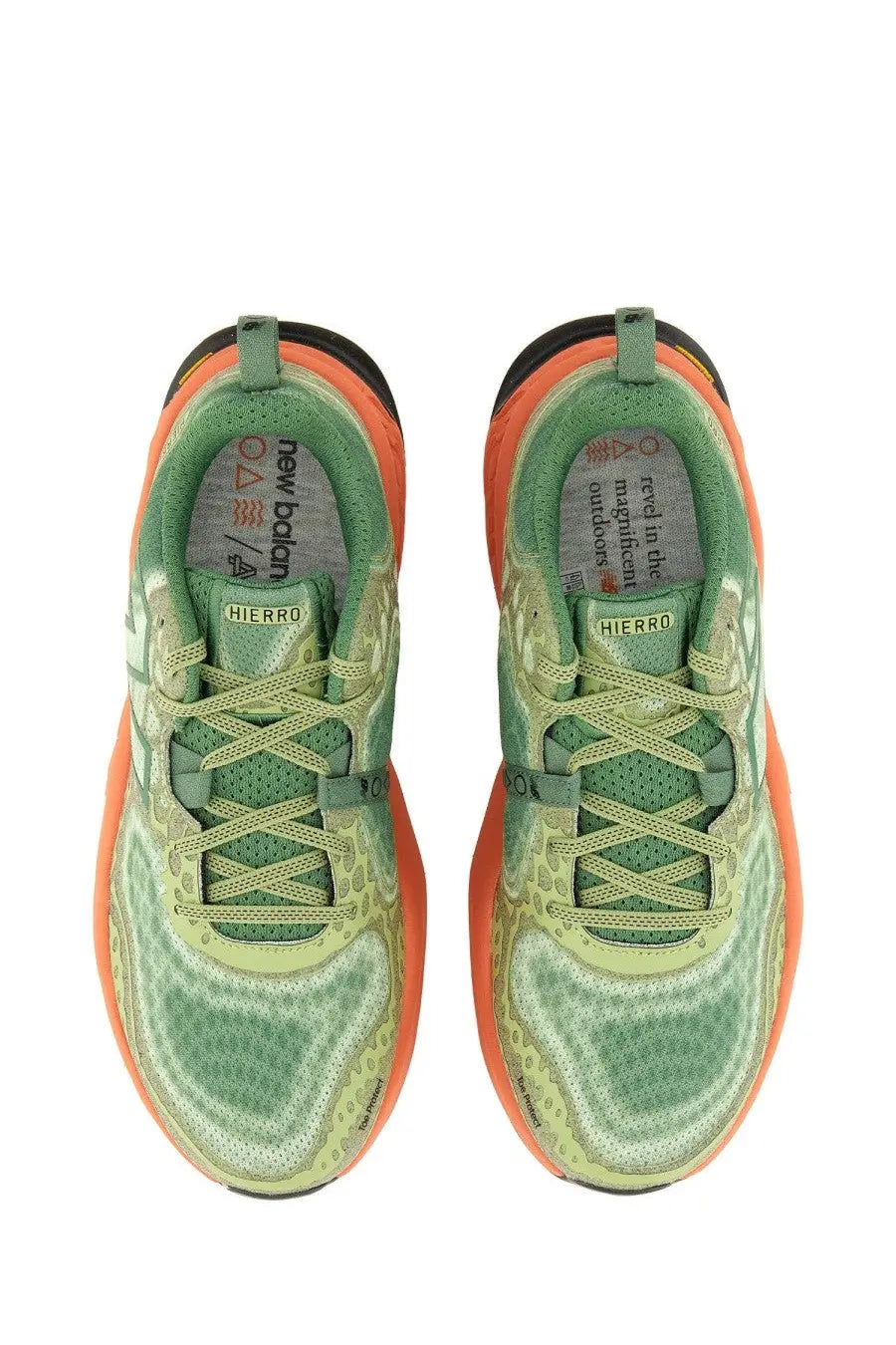 New Balance men’s Hierro sneaker multicolor with green and orange mesh upper and textured sole running shoes